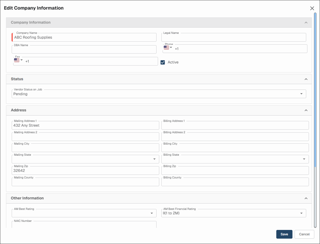 Edit Vendor Information Dialog