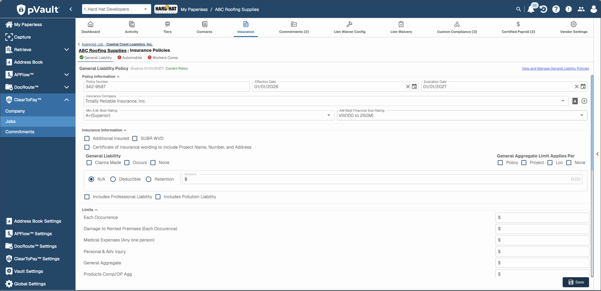 Vendor Insurance Main Page