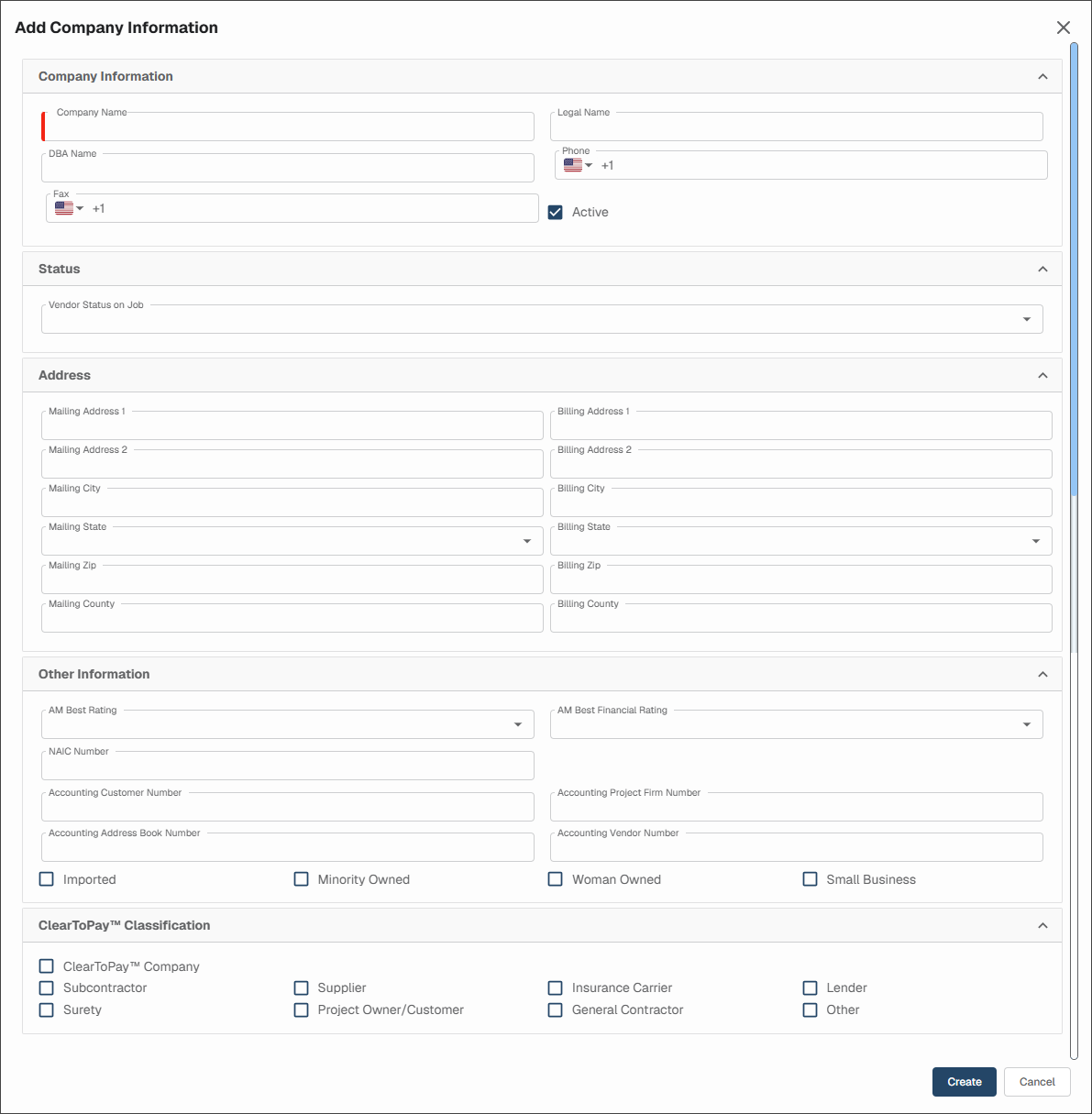 Add Vendor Information Dialog